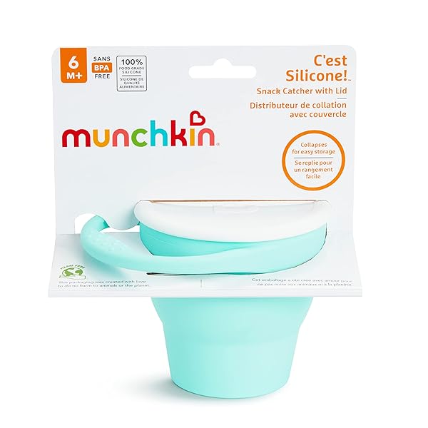 MUNCHKIN SNACK CATCHER TODDLER SNACK CUP WITH LID, SILICONE, COLLAPSABLE, MINT
