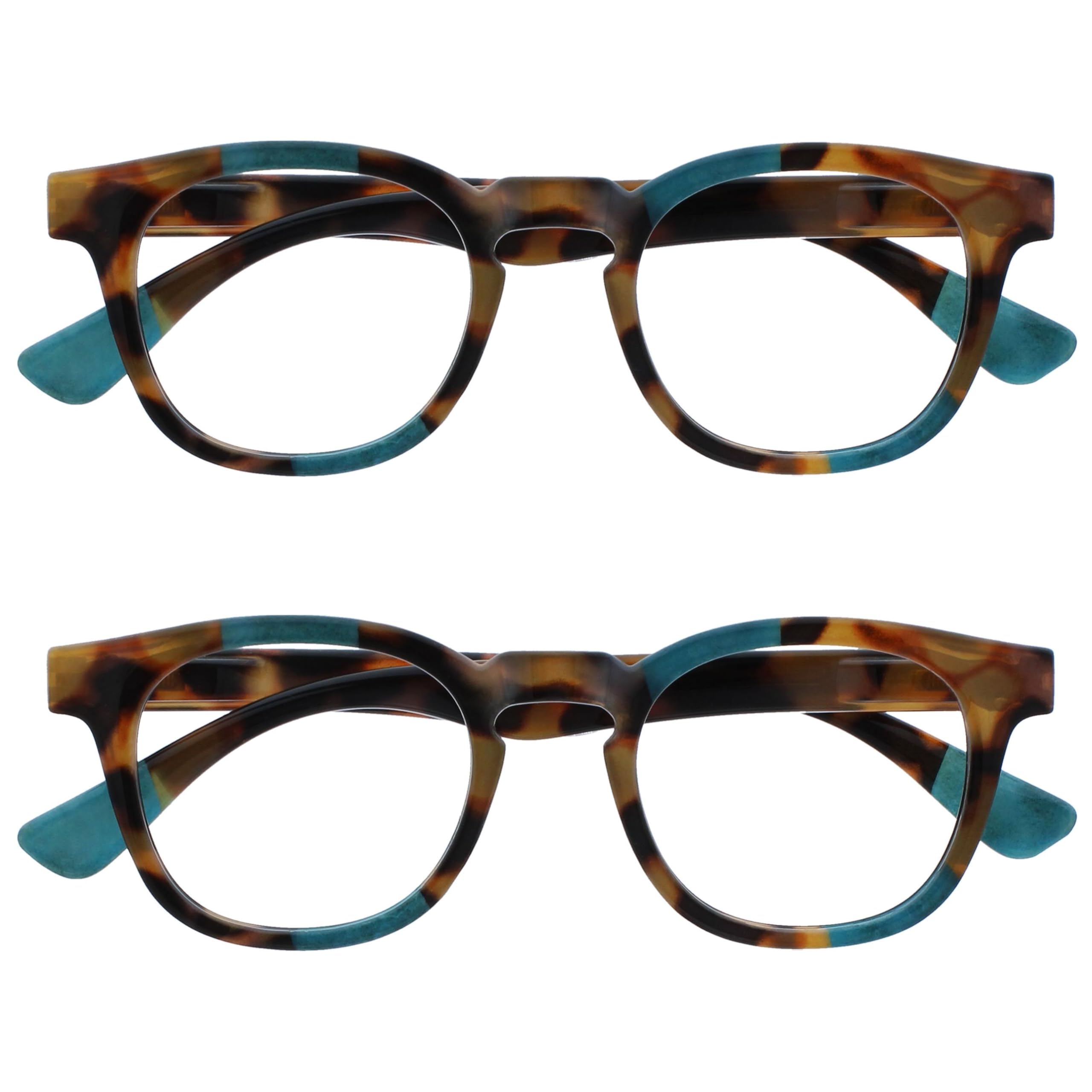 OPULIZE Ava Reading Glasses 2 Pack Flattering Rounded Frame Spring Hinges Scratch Resistant Brown Tortoiseshelll Turquoise Mens Womens RR62-Q +3.00