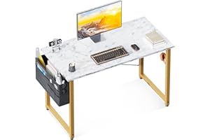 ODK Computer Desk, 40 Inch Small Study Desk, Office Desk with Storage, Work Table with Headphone Hook for Small Space Home Office, White Marble + Gold Leg
