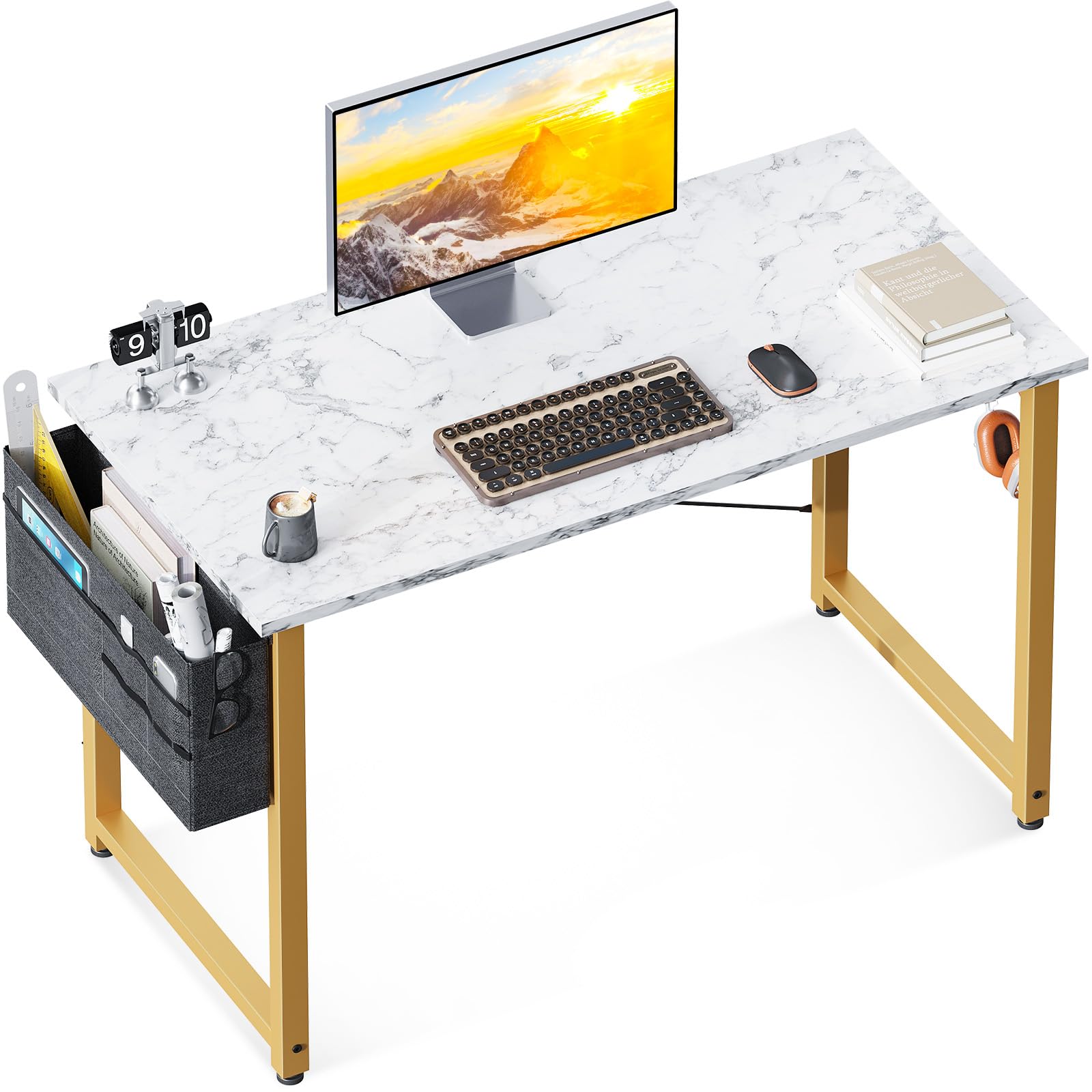 Photo 1 of ODK Computer Desk, 40 Inch Small Study Desk, Office Desk with Storage, Work Table with Headphone Hook for Small Space Home Office, White Marble + Gold Leg