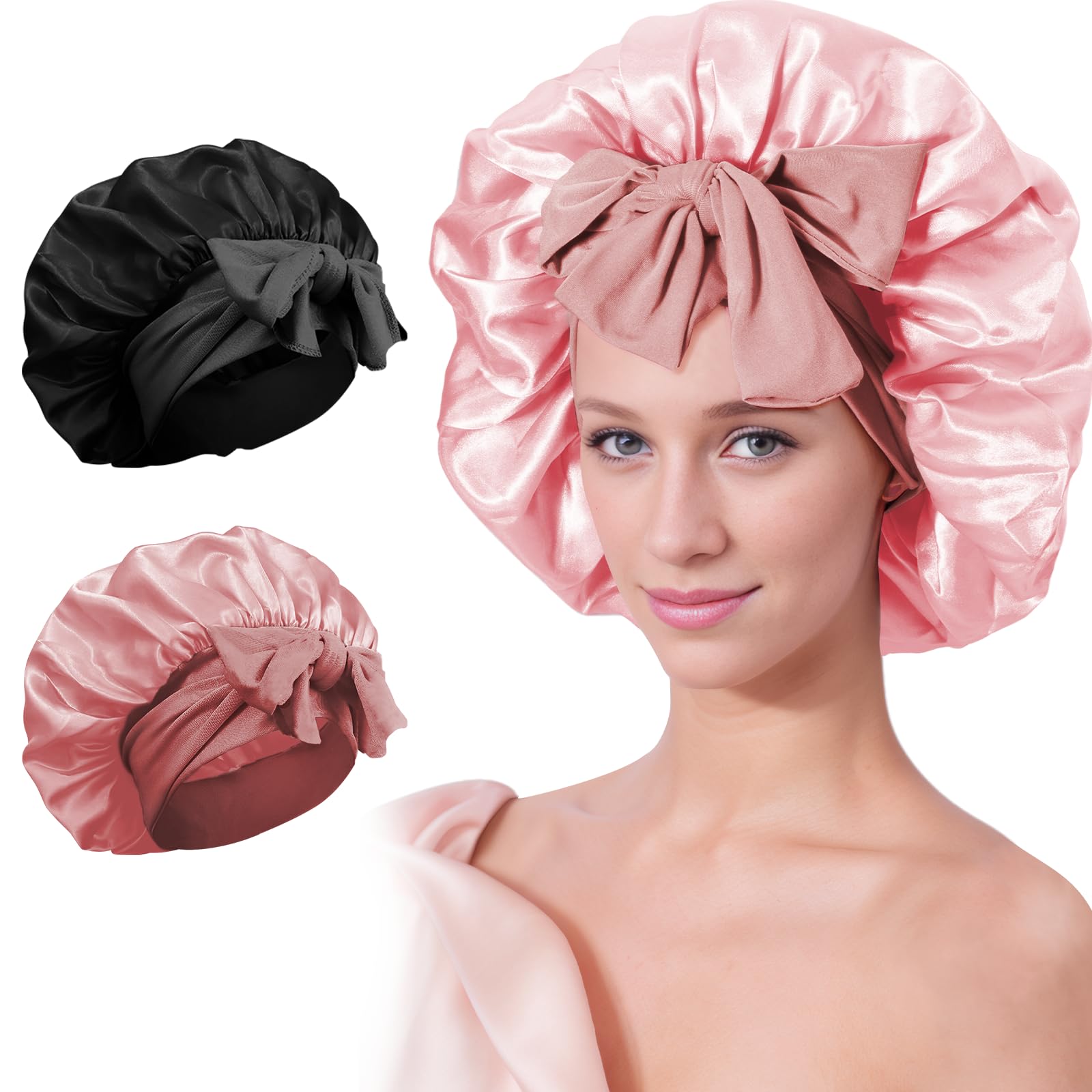 woleeup Silk Satin Hair Bonnet for Sleeping - 2PCS Silk Sleep Bonnets for Women Curly Hair, Soft Breathable Satin Bonnet with Tie Band Hair Wrap Cap for Sleeping (Set E)