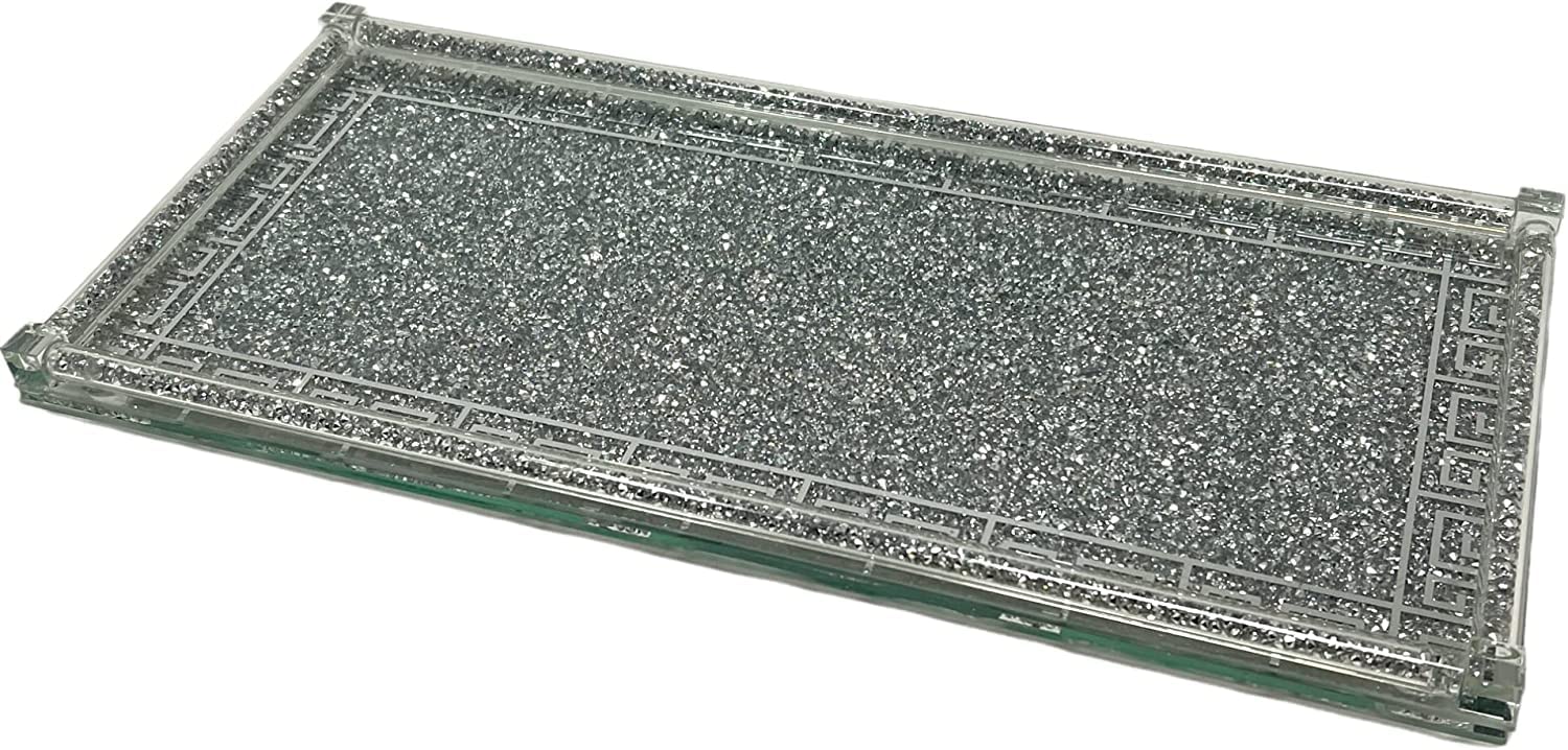 Makeup Organiser Tray Cosmetic Trimmings Display Glass Case Office Stationery Storage Holder Countertop Storage Unit Makeup Box for Bathroom Drawers, Vanities Office Desk, Washable Crystal -Silver