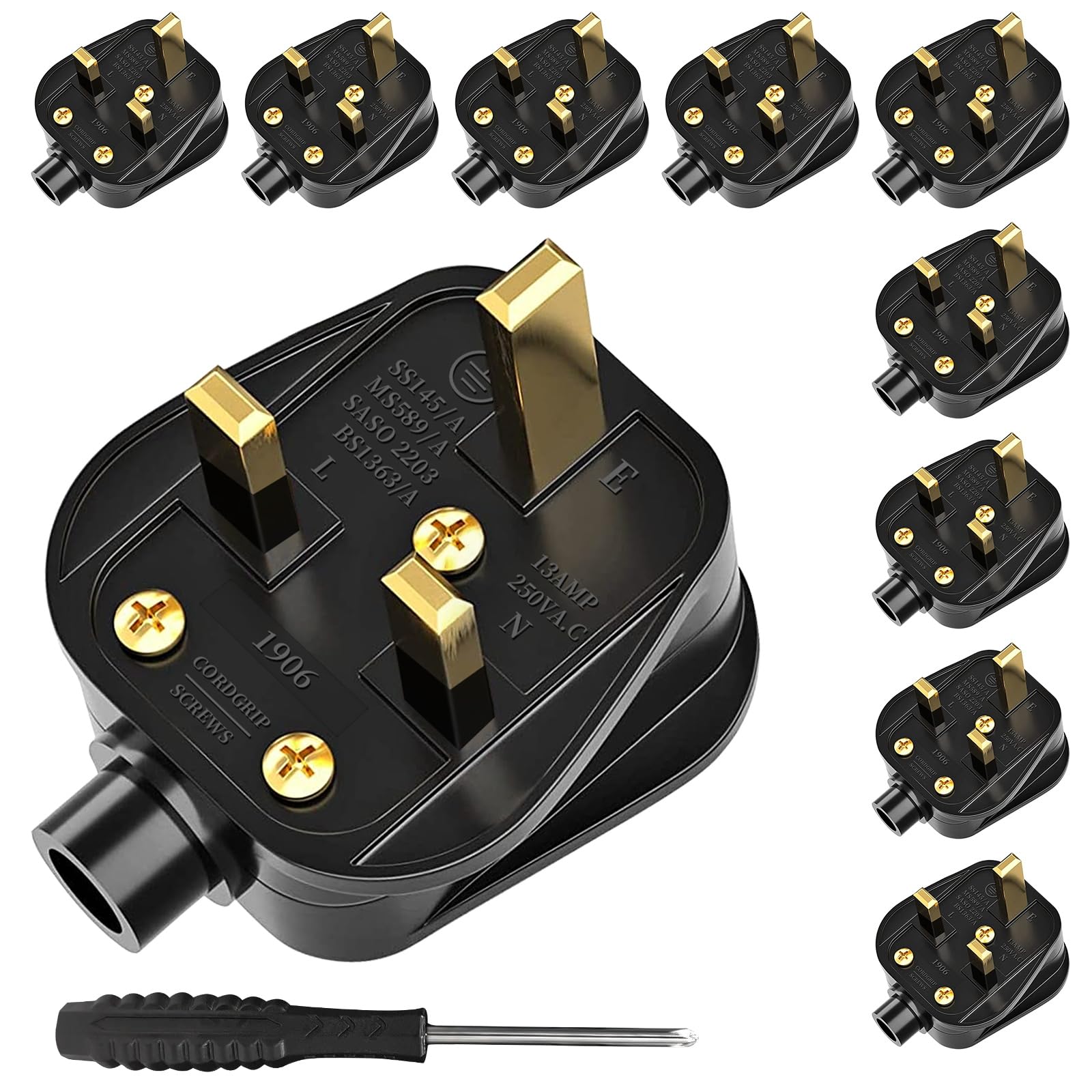 UK Plugs with 13 AMP Fused, 3 pin Mains Plug with Cord Grip Rewireable Heavy Duty Electrical Plug, Rubber Composite Plug, 10 Pack - Black