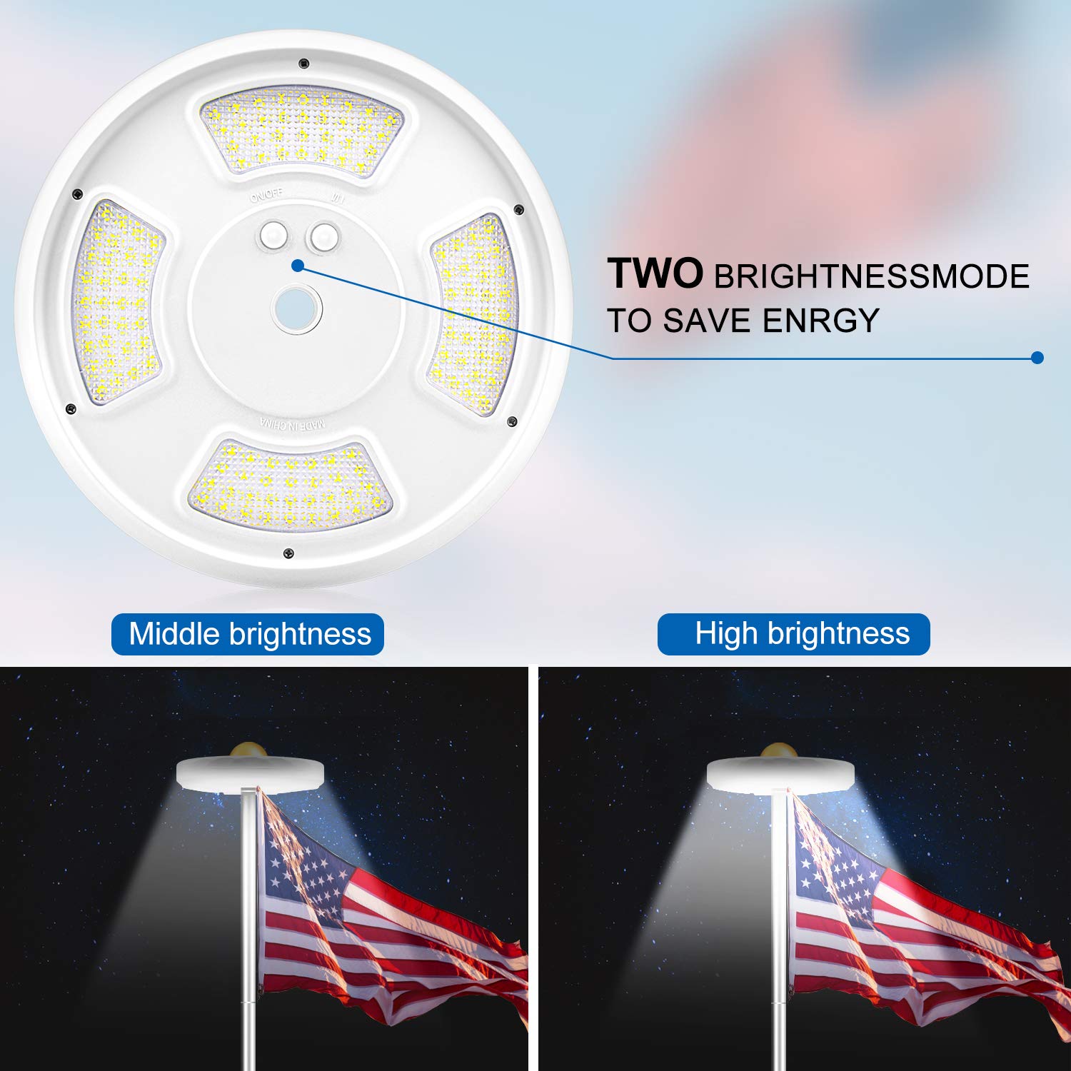 Solar Flag Pole Light 128 LED Light, Super Bright Led Solar Powered Lights on Most 15 to 25Ft Flagpole 100% Flag Coverage, 2 Modes 2500MAH Downlight up flag, IP67 Waterproof Auto On/Off Night Lighting