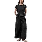 ACCPUR Womens Summer 2 Piece Outfits Smocked Tops Elastic Waist Wide Leg Pants with Pockets Casual Boho Lounge Matching Set