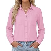 Kistore Womens Button Down Shirts Striped Linen Long Sleeve Blouses Business Casual Office Work Tops Loose Fit with Pockets