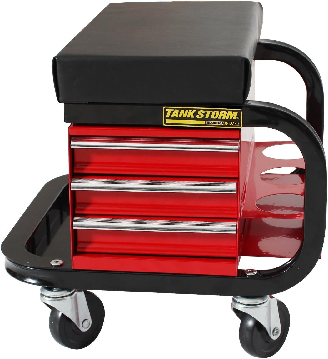 TANKSTORM Tool Box Built-In Creeper Seat, Garage Shop Roller Seat, 3 Drawers Heavy Duty Tool Chest With 4 Rolling Casters-350 Lbs Capacity: Automotive