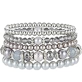 Noessla Beaded Pearl Stretch Bracelet Silver Stackable Crystal Beads Bracelets Trendy Costume Jewelry Mothers Day Gifts for Women