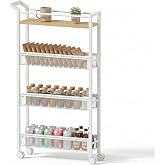 4 Tier Slim Rolling Storage Cart, 5.1 Inch Wide Narrow Storage Cart with Handle, Iron Wood Utility Slide Out Pantry Shelf Organizer for Laundry Room, Bathroom, Kitchen, Small Spaces,White