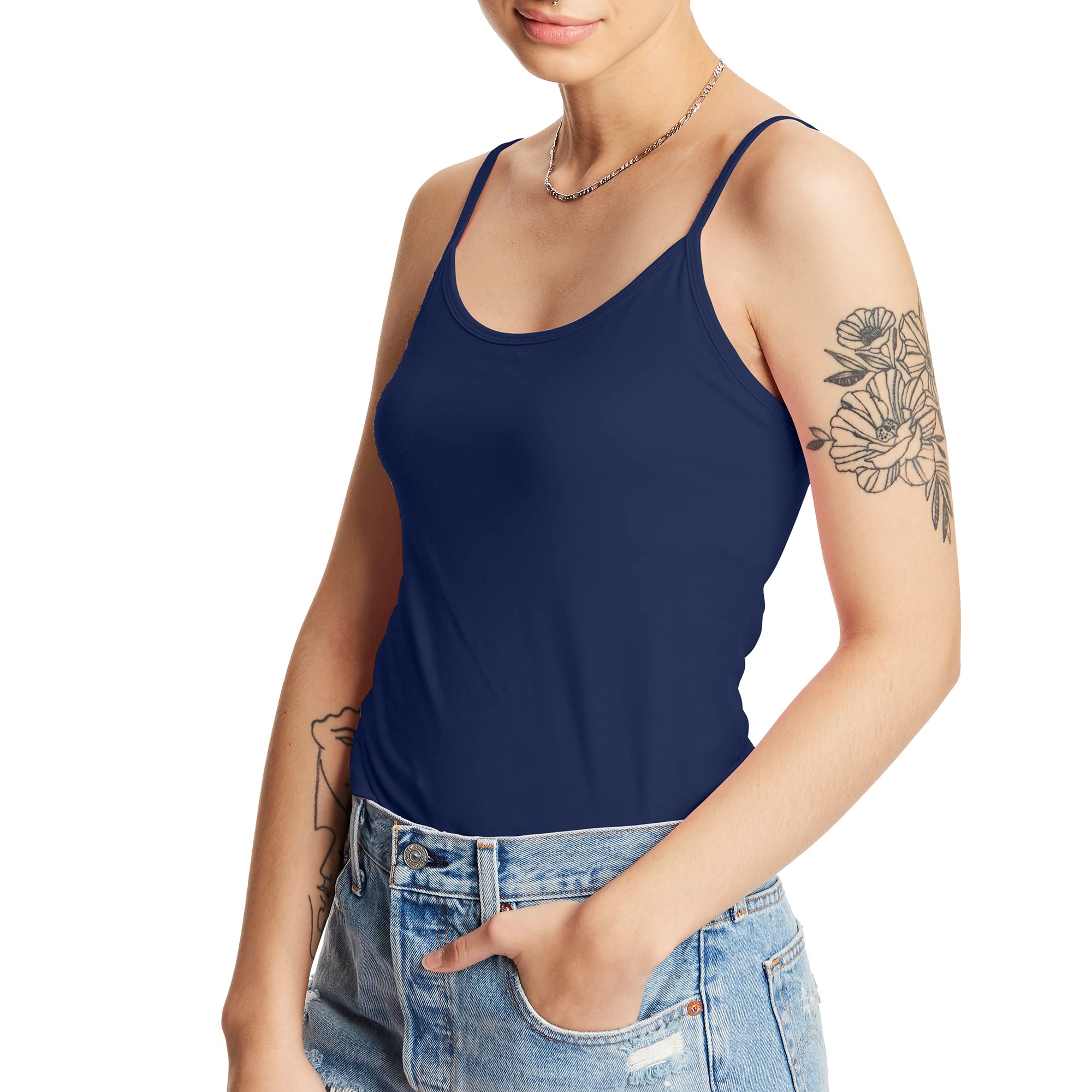 Photo 1 of Hanes womens Stretch Cotton With Built-in Shelf Bra Cami Shirt, Navy, Large US