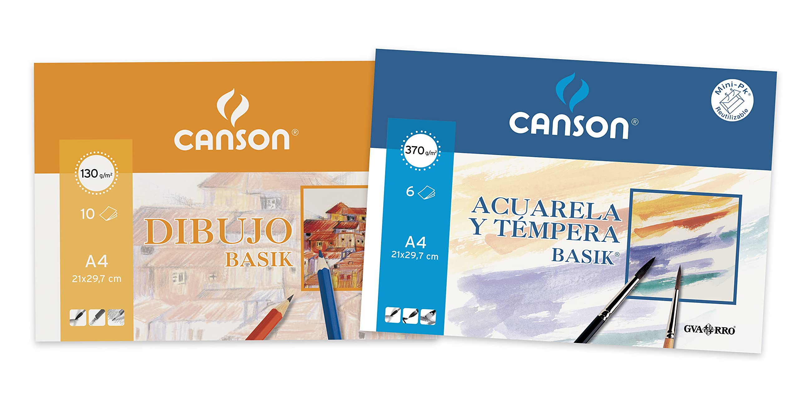 Canson - 1 x A4 Mini Pack of 10 Sheets Basik Drawing 130 g and 1 x A4 Mini Pack of 6 Sheets Watercolour Basik 370 g