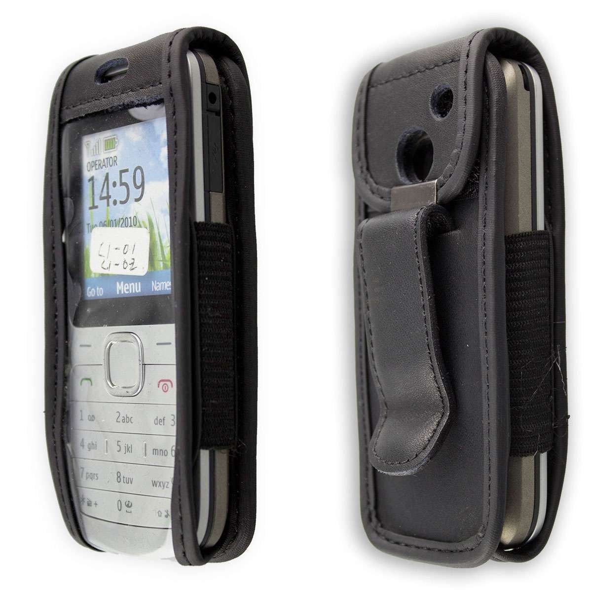 caseroxx Leather-Case with belt clip compatible with Nokia C1-01 made from genuine leather, Pouch with belt clip and viewing window in black