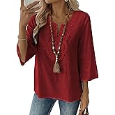 EVALESS Boho Tops for Women Blouses Dressy Casual V Neck 3/4 Sleeve Shirts Spring Outfits Trendy Vacation Clothes