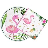 WERNNSAI Flamingo Plates and Napkins Set - Serves 50 Guests 100 PCS Hawaiian Luau Party Supplies Disposable Tableware Set Dinner Luncheon Plates Napkins for Birthday Baby Shower Wedding Party