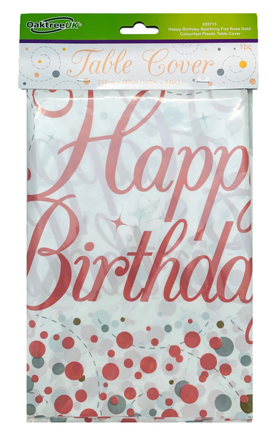OakTree Happy Birthday Sparkling Fizz Rose Gold Colourfast Plastic Table Cover 137cm x 2.6m 1pc