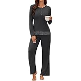 Blooming Jelly Women 2 Piece Pajama Set Button Up Color Block Soft Fall Lounge Sets Wide Leg Pants Sleepwear Pockets