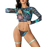 Avidlove Lingerie Sets for Women Sexy Rave Outfits Festival Mesh Long Sleeve Crop Tops Bra and Panty Sets