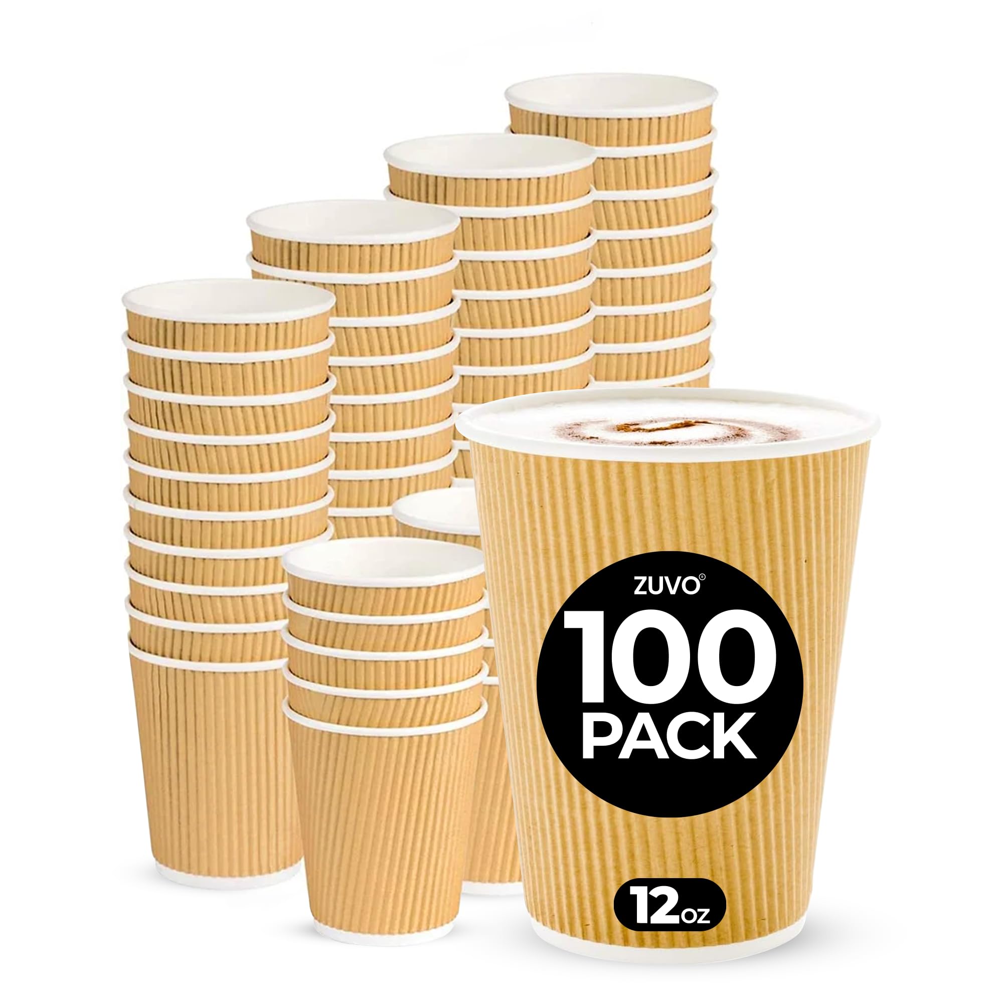 Zuvo Coffee Cups 12 OZ - NO Lids - 100 Disposable Brown Ripple Coffee Cups - Ideal for Takeaways