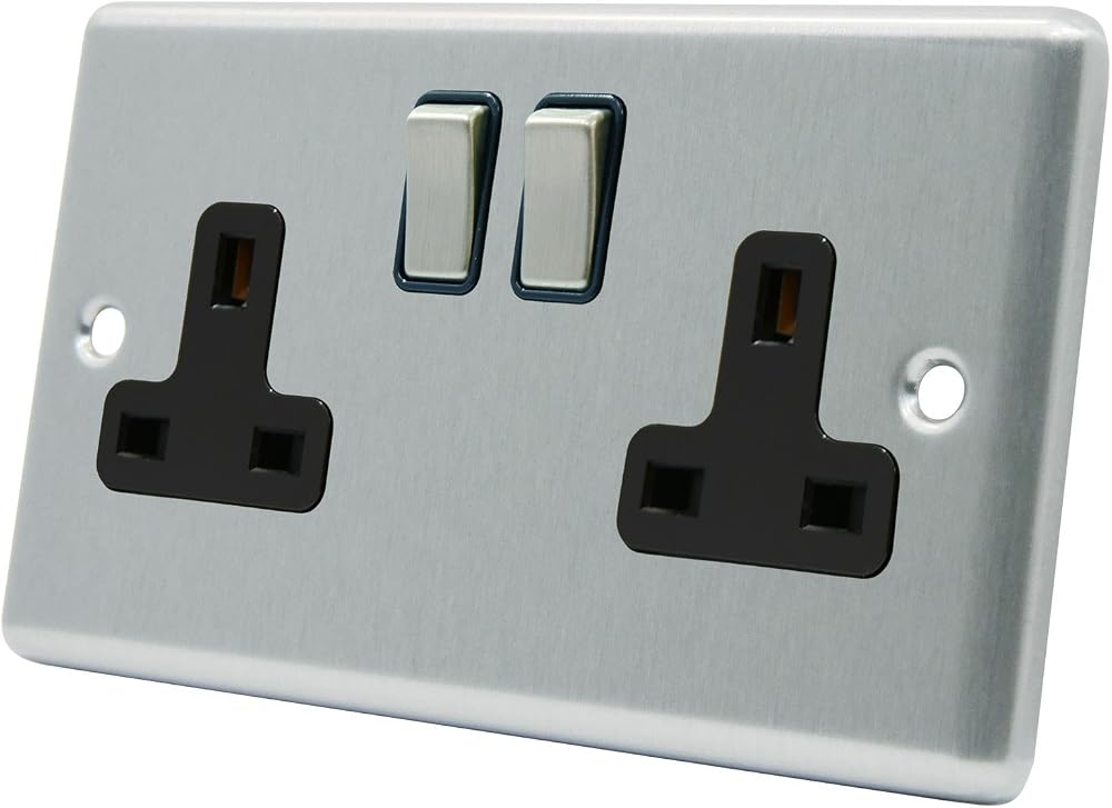 Alliance Electrical AET Satin Chrome 2 Gang Rocker Switch Plug Socket