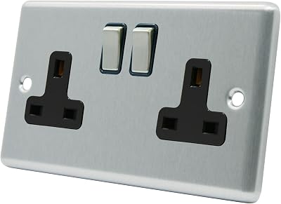 Alliance Electrical AET Satin Chrome 2 Gang Rocker Switch Plug Socket