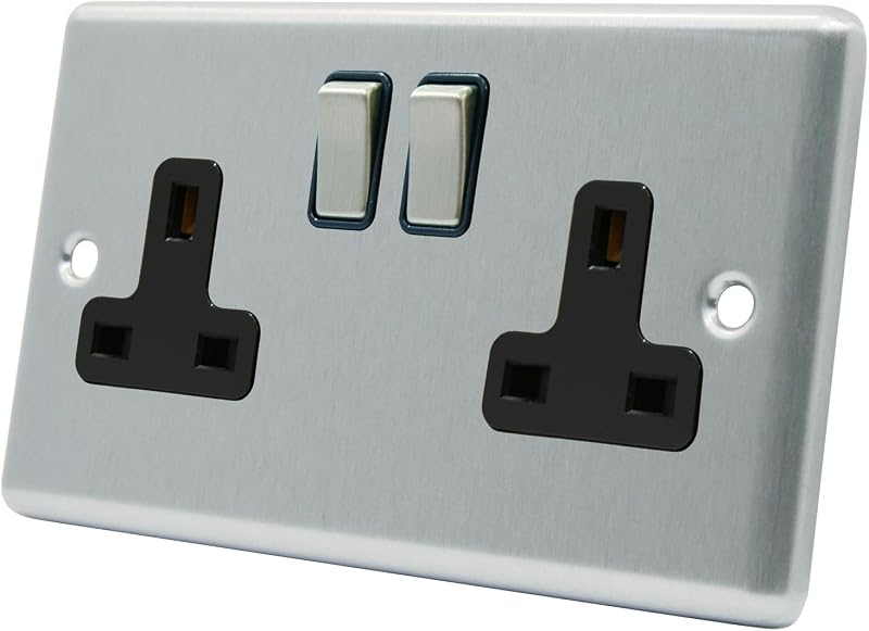 Alliance Electrical AET Satin Chrome 2 Gang Rocker Switch Plug Socket