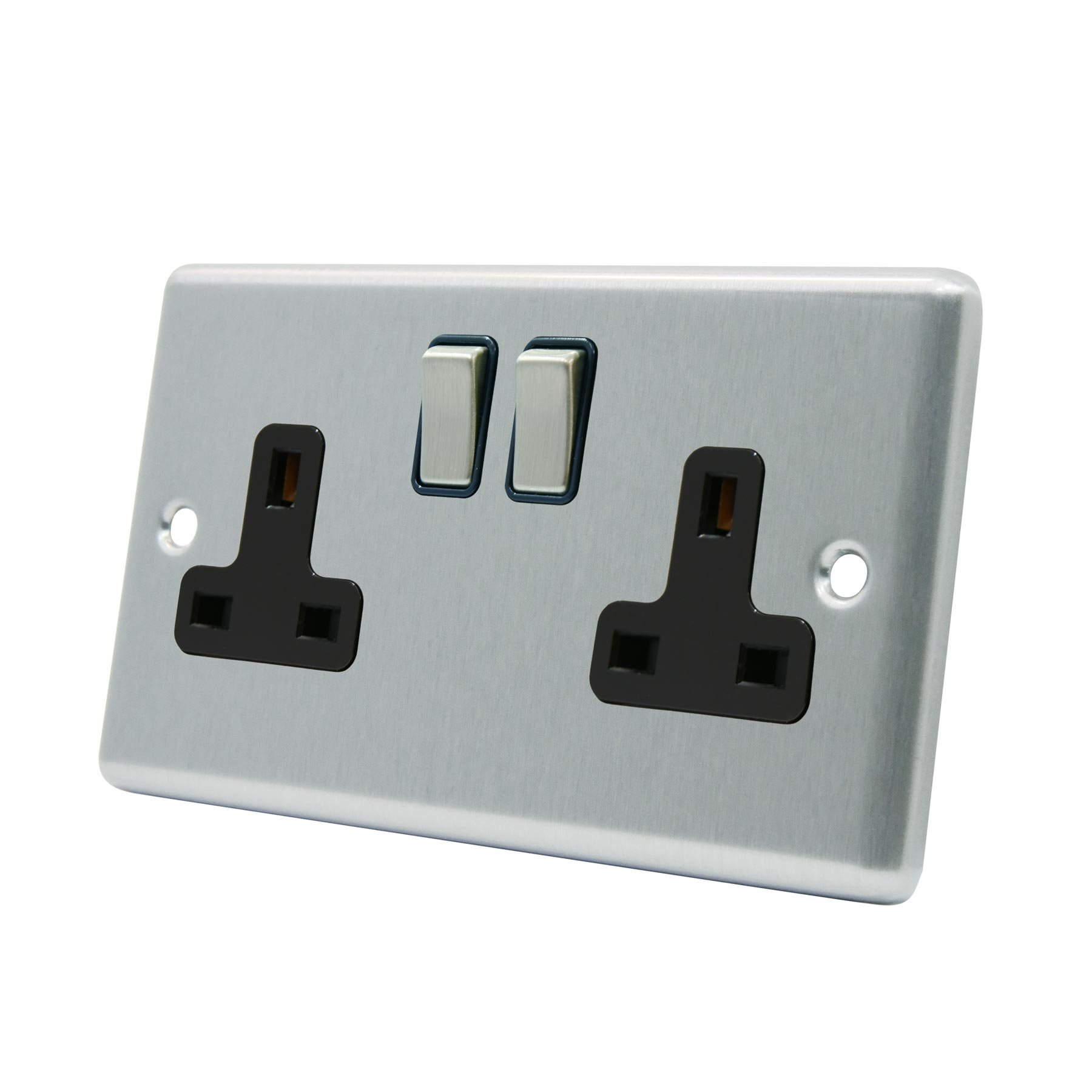 AET CSC2GSOCBS Satin Chrome Classical 2 Gang Black Insert Metal Rocker Switches-13 Amp Double Plug Socket, 250 V