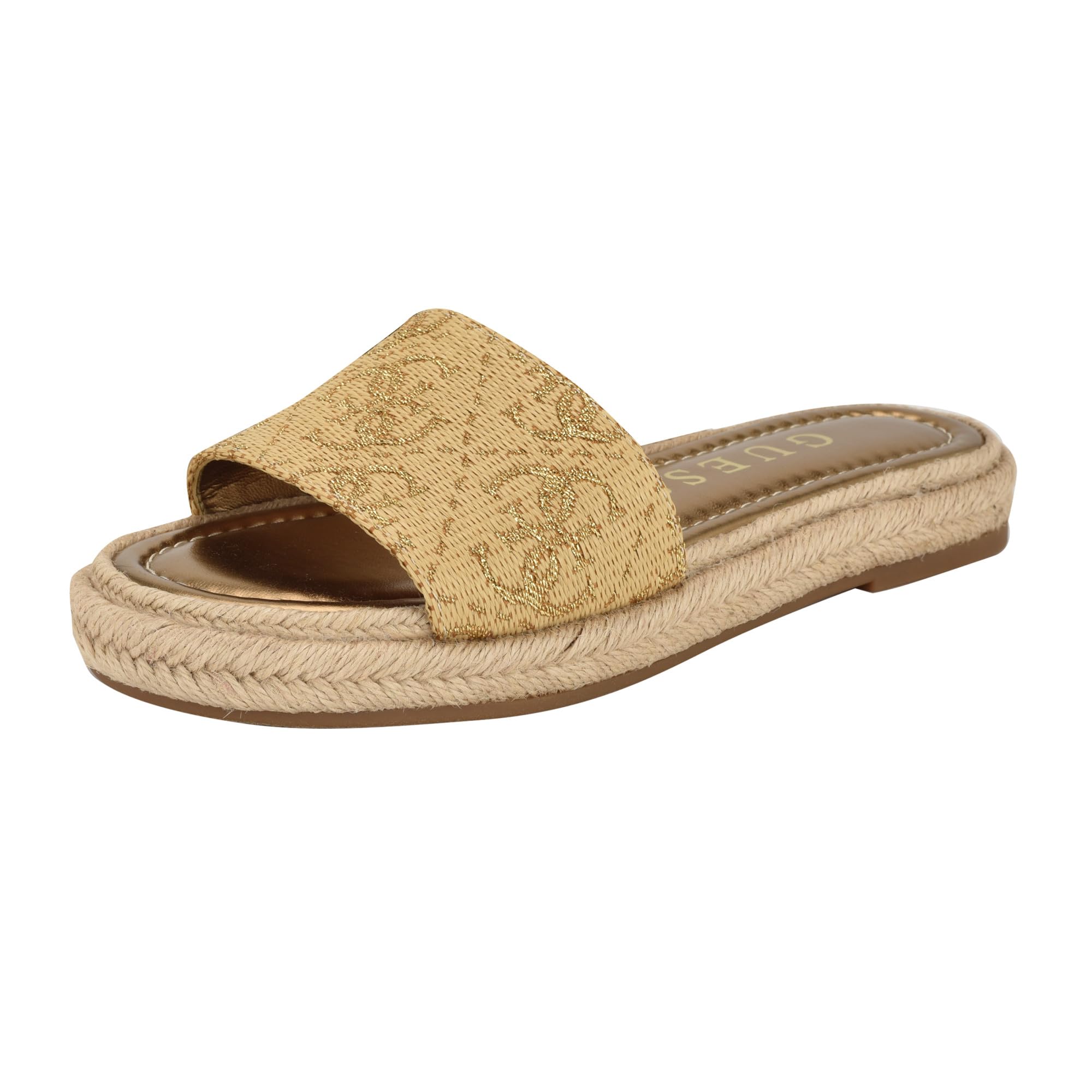 Guess Women’s KATIC Flat Sandal, Gold Logo 710, 5.5