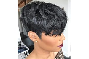 Yviann Human Hair Short Wigs Pixie Cut Wigs with Bangs Short Black Layered Wavy Wigs for Women 1B Color