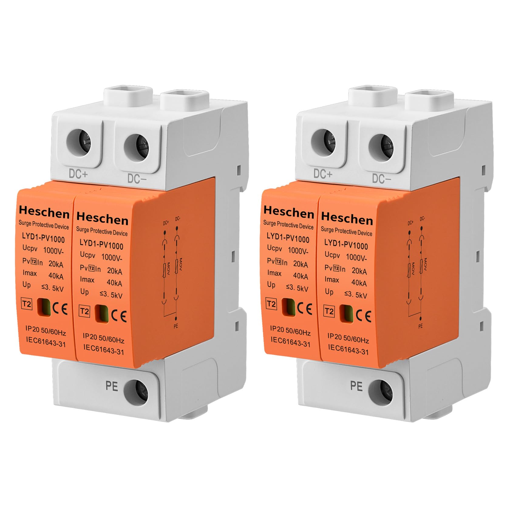 Heschen Surge Protective Device for PV, LYD1-PV1000, 2P 1000VDC 20KA, Fire-Proof, 35mm DIN Rail Mounting (2)