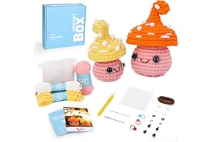 CROCHET BOX Crochet Kit for Beginners: 2 PCS Family Mushroom Starter Crochet Kits with Step-by-Step Video Tutorials and Yarns, Hook, Accessories, DIY Craft Gift for Adults and Kids(30%+ Yarn)