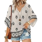 GUNEST Boho Tops for Women V Neck 3/4 Sleeve Lightweight Blouses Trendy Loose Fit Bohemian Dressy Casual Peasant Tunic Blouse