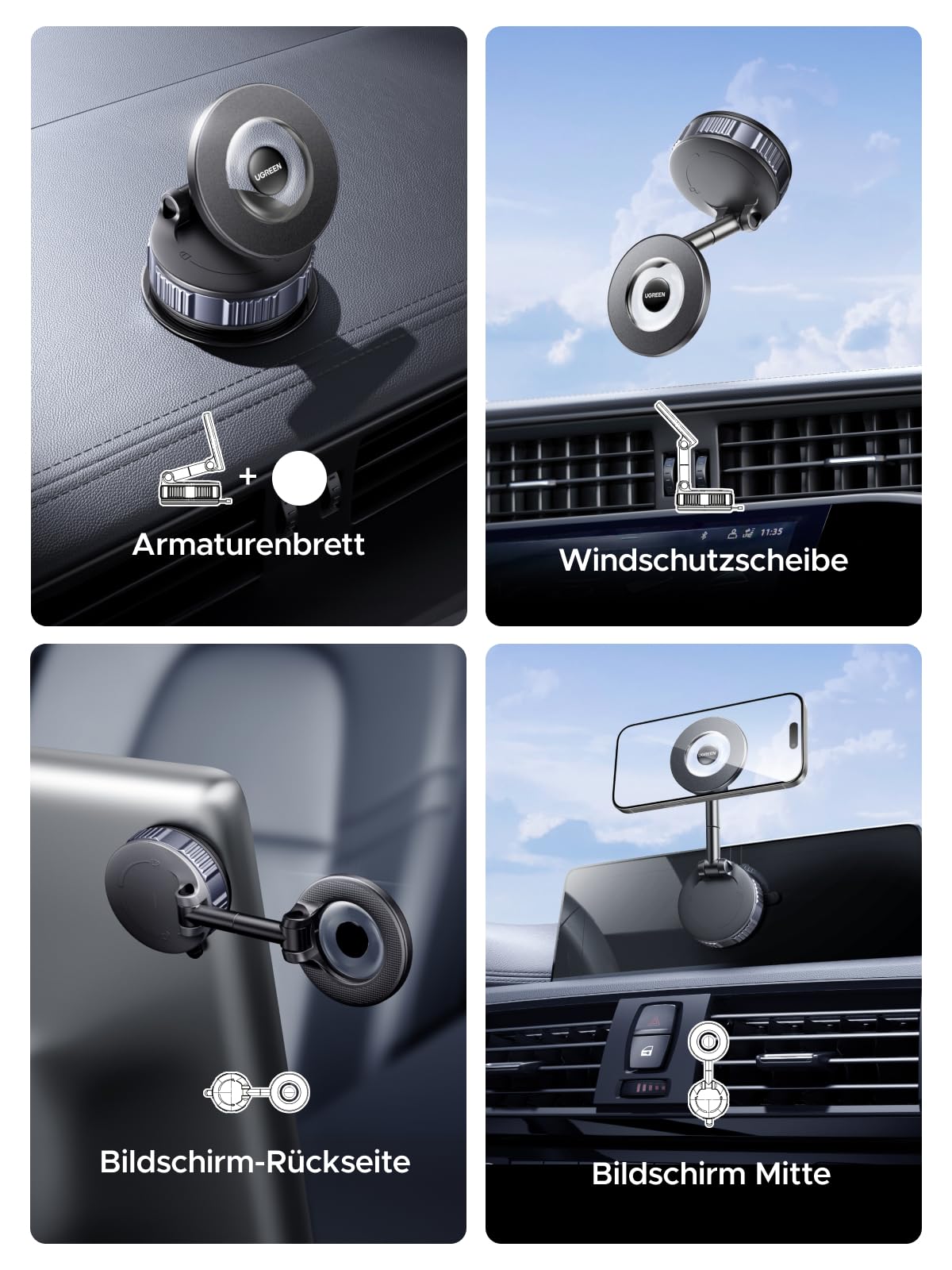 UGREEN Handyhalterung Auto für Magsafe Autohalterung, Handy Halterung Auto mit Vakuum Saugnapf & N52 Magnete 360°Drehbar ohne Kleber mit Einem Grundpolster Kompatibel mit iPhone 17 16 15 14 Pro Max 7