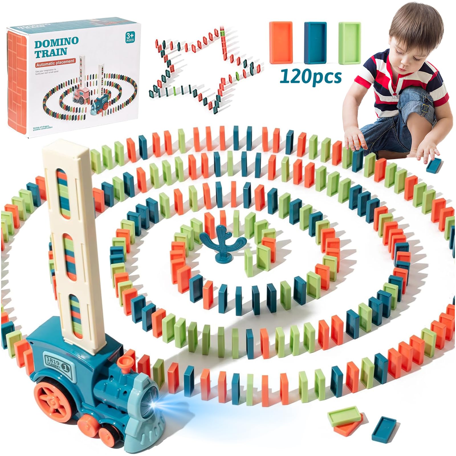 71Nmly Domino Train Toy,120PCS Domino Blocks Set,Automatic Domino Laying Building and Stacking Toy with Sound and Light,Blocks Domino Train Blocks Set for Children (X007-1)