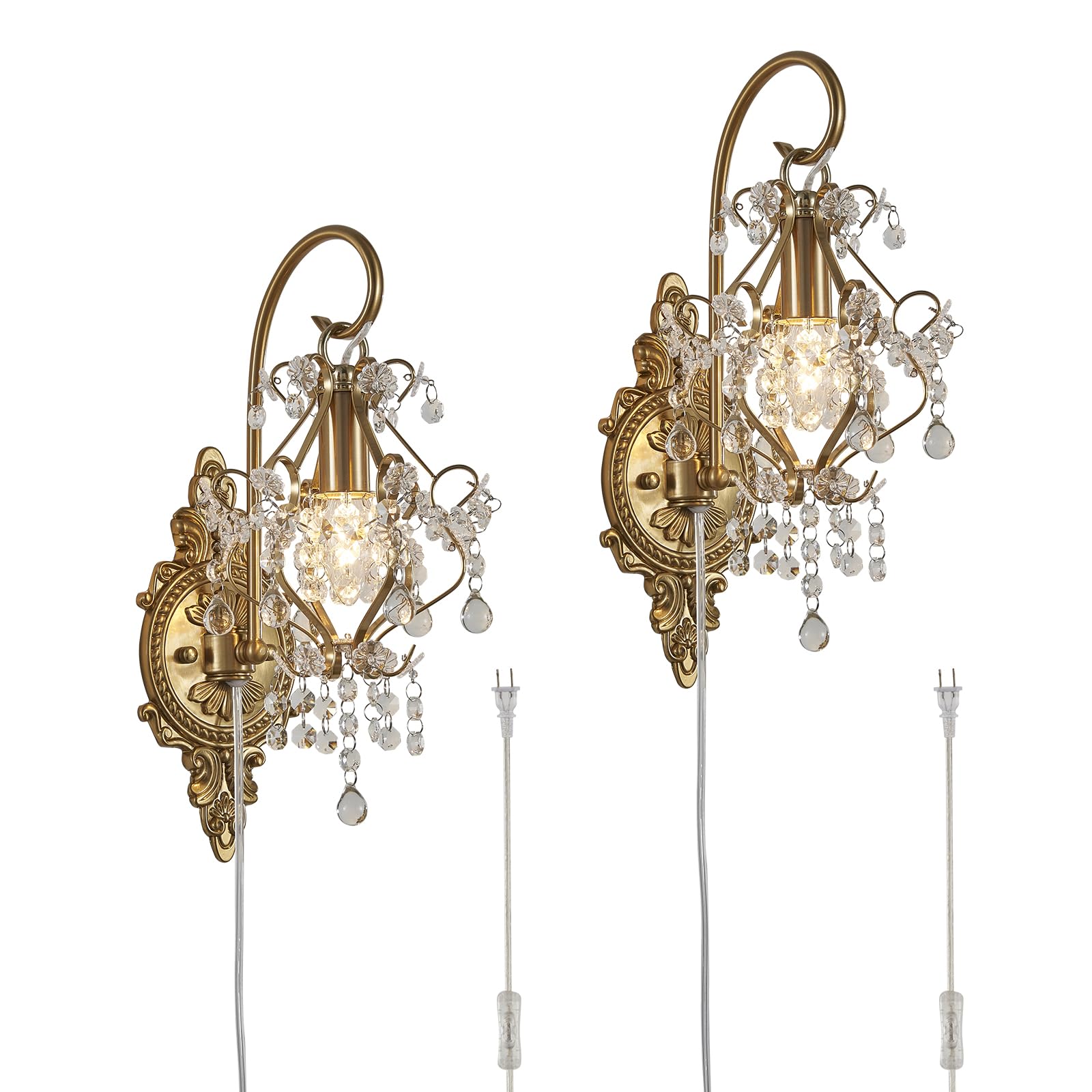 Photo 1 of Fetason Gold Crystal Vintage Plug in Wall Sconces Set of 2 Indoor Wall Light Fixture, Modern Wall Mount Lamp Light for Bedroom Living Room Bathroom Vanity Light Hallway Light Fixture Decor LED E12