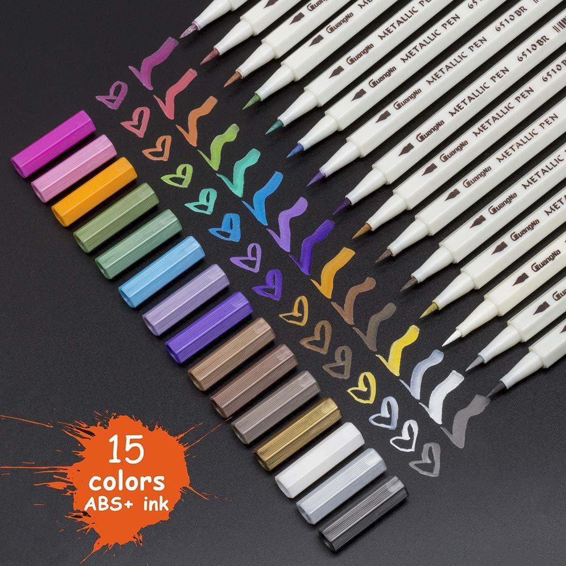 Paint Marker Pens - Fine Point Brush Tip, Metallic Permanent Paint Glitter Markers for Rock Painting, Glass Paint, Gift Card Making, Hand Calligraphy Lettering, Set of 15