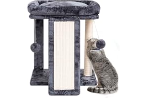 SYANDLVY Cat Scratching Board with Perch, Cat Post Scratcher for Indoor Cats, Scratching Post with 2 Dangling Balls, Great for Kittens (Smoky Grey)