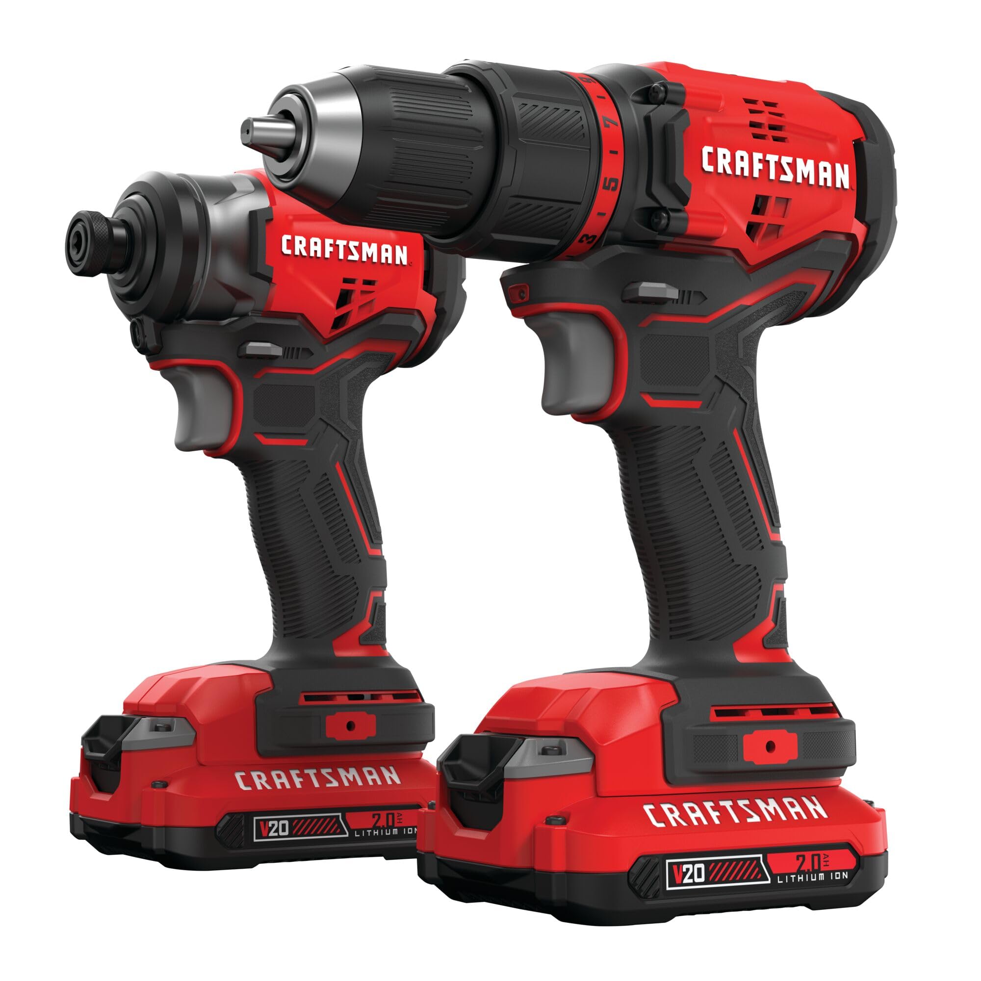 CRAFTSMAN V20 MAX Taladro inalámbrico y destornillador de impacto, kit combinado de herramientas eléctricas con 2 baterías y cargador, velocidad variable (CMCK210C2)