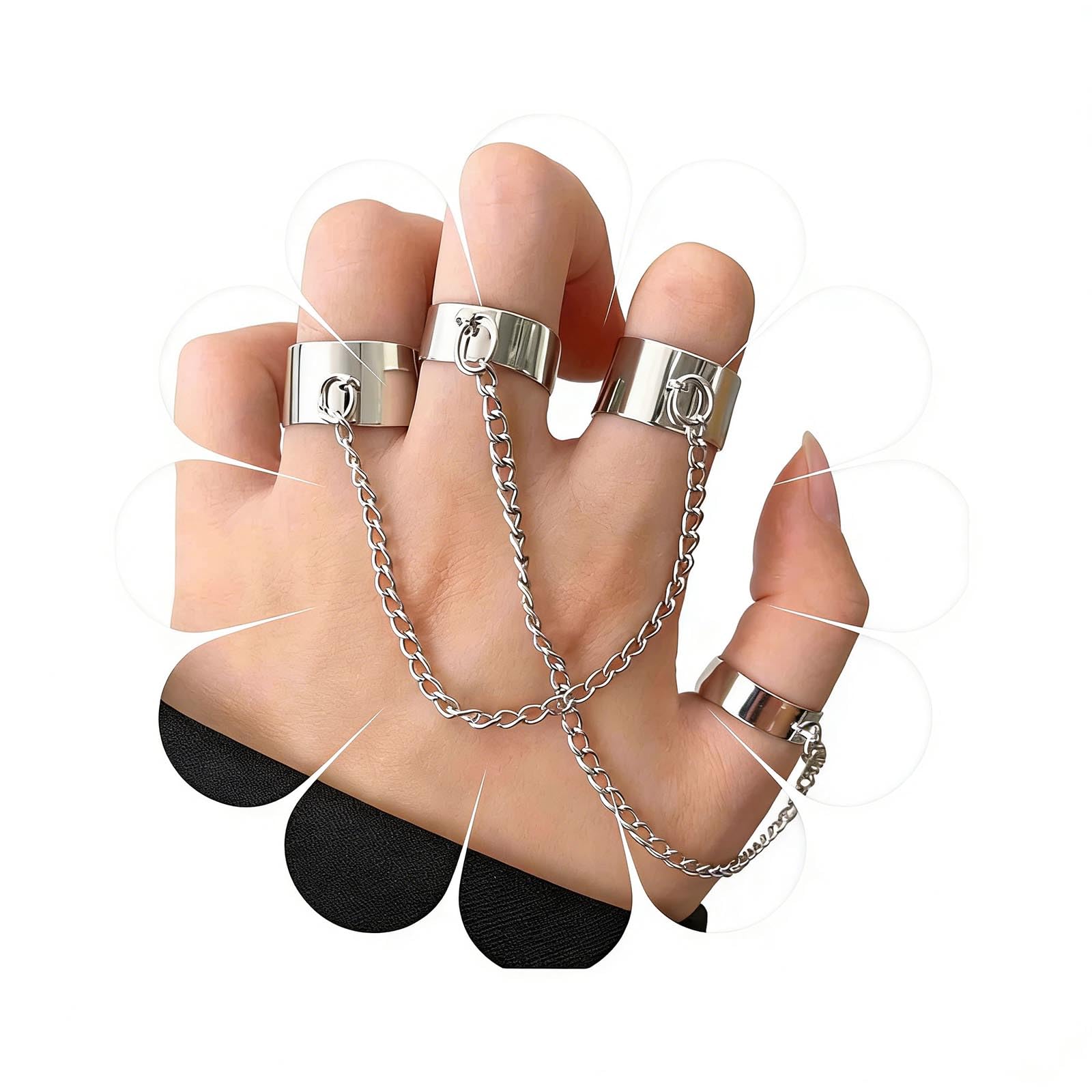 Yheakne Punk Chain Finger Cuff Rings - Silver Open, Adjustable Knuckle Joint Set, Stackable Gothic Statement Rings for Women and Girls Gifts