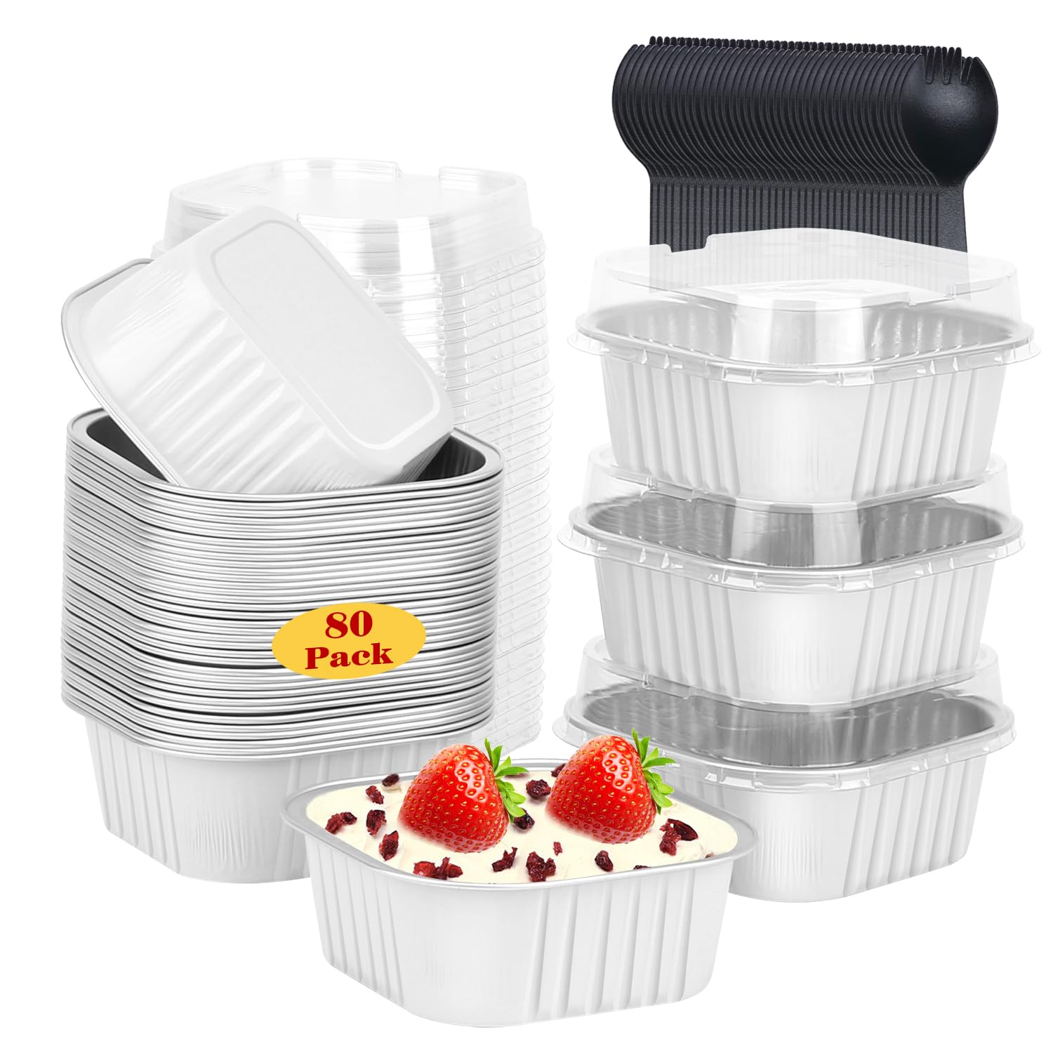 Photo 1 of 5oz/80pack Mini Cake Pans with Lids,LNYZQUS Foil Cupcake Cups Small Brownie Baking Tins,Square Disposable Ramekins Mini Cheesecake Containers Muffin Holders-White