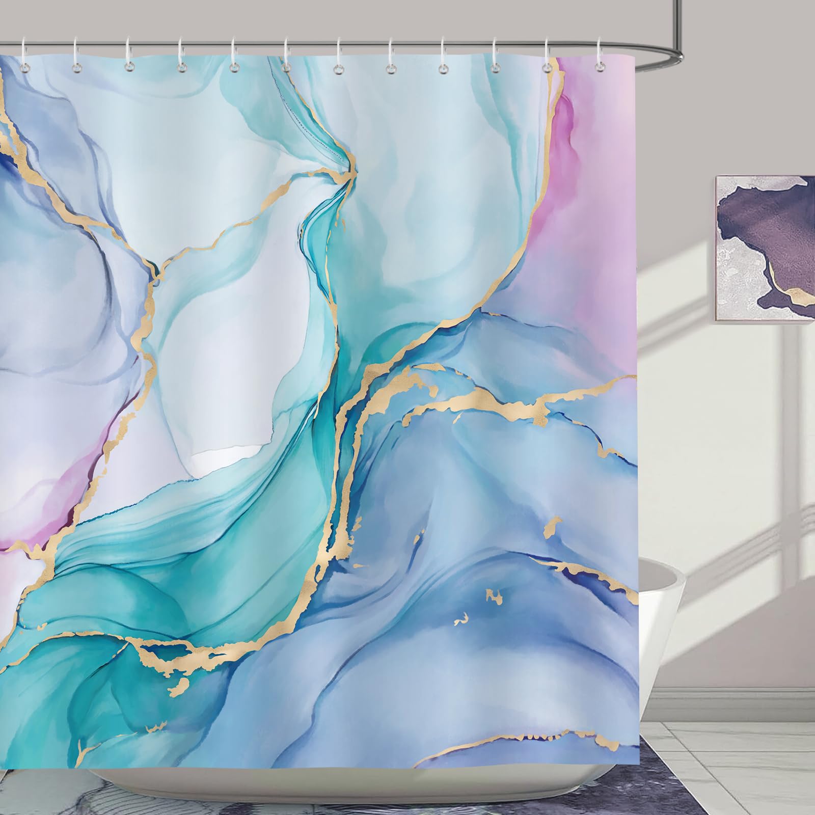 Bonhause Colorful Marble Shower Curtain Pink Purple Blue Turquoise Watercolor Abstract Modern Bathroom Curtain 180 x 180 cm Waterproof Mildew & Mould Resistant Polyester Bath Curtain with 12 Hooks