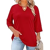 Rapbin Womens Plus Size Tops 3/4 Length Sleeve Shirts Crewneck Dressy Casual Blouses Trendy Keyhole Tunic Top XL-5XL