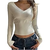 SweatyRocks Women's Casual V Neck Slim Fit Cropped Sweaters Long Sleeve Ribbed Knit Pullover Tops