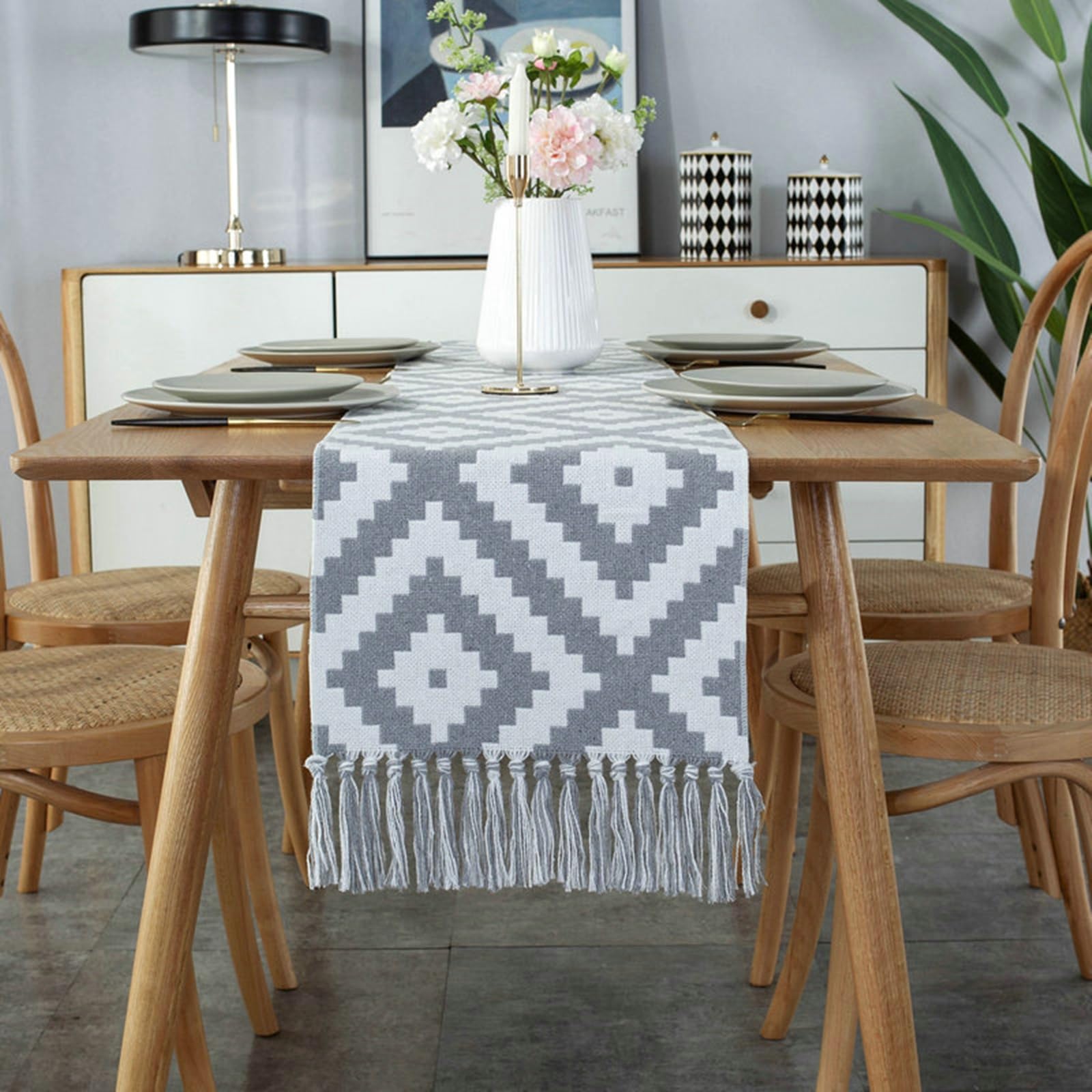 Lieson Table Runner Dining Table Modern, Table Runner Cotton Linen Beige Grey Blue Wedding Table Decoration for Birthdays Communion Dining Room Party Holiday Decoration, 32x240CM