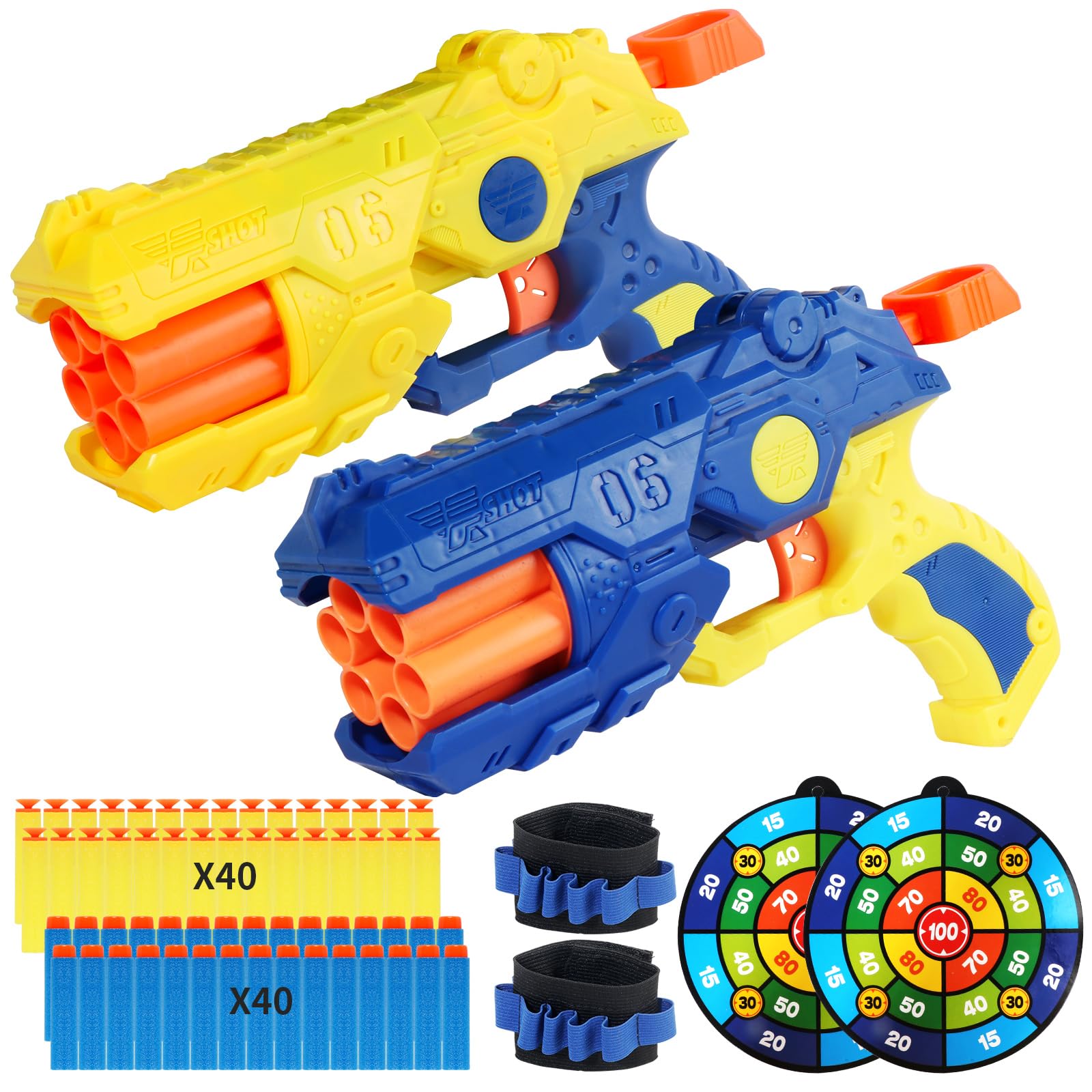 2 Pack Toy Foam Blaster Blaster Toy Gun Compatible with Nerf Bullets, 6 Auto-Dart Rotating Drum Soft Bullets Pistol, Children Christmas Birthday Boys and Girls 6 + Years Kids Old Indoor Outdoor Games