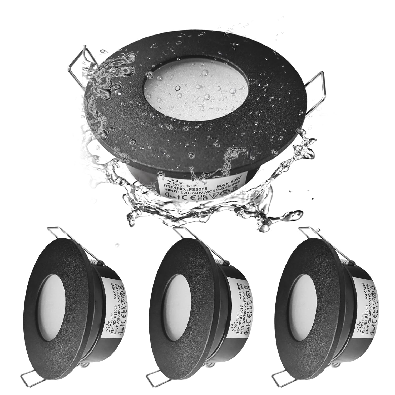 Sweier Black GU10 Waterproof Downlight, IP65 Bathroom Spotlight, Without Bulb, Round recessed Ceiling Light, Opening 68mm/2.68in, Pack of 4