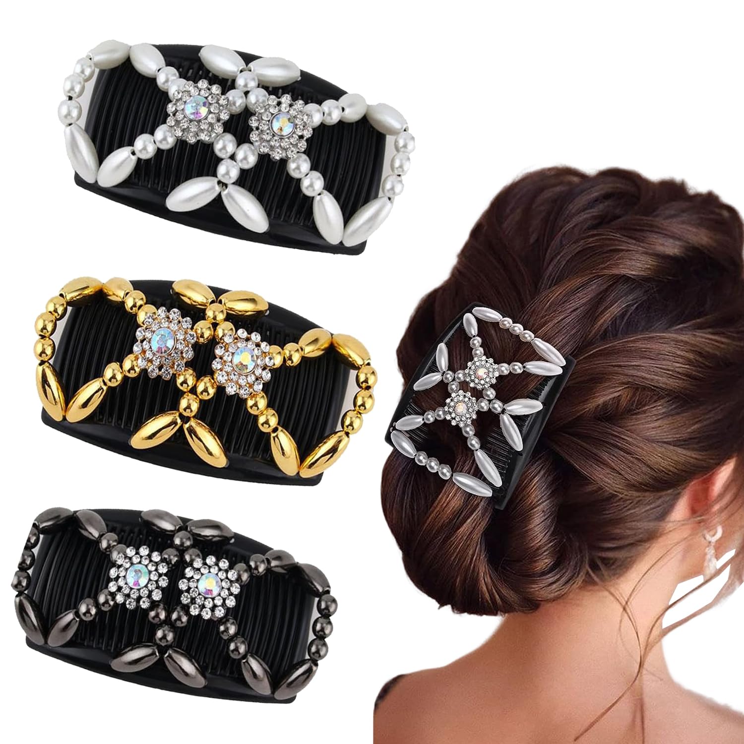 Norhogo 3pcs Adjustable Plastic Double Hair Combs, Magic Elastic Double Sided Clips, elasticated bead hair clips, Crystal Beads Hair Combs for Women Girls DIY Hairstyling Hair Accessories