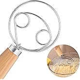 Danish Dough Whisk, 13" Bread Whisk with Stainless Steel Double Eyes Design Sourdough Mixer Tool Dishwasher Safe Dutch Bread Whisk for Sourdough, Pizza, Pastry, Cake Batter