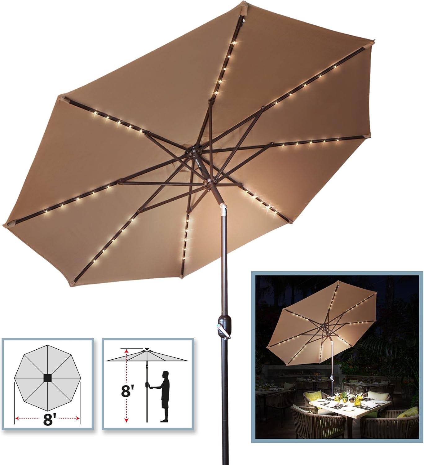 Amazon Com Benefitusa 8ft Led Lighted Patio Umbrella Tilt Aluminum Sunshade Outdoor Garden Market Balcony Tan Garden Outdoor