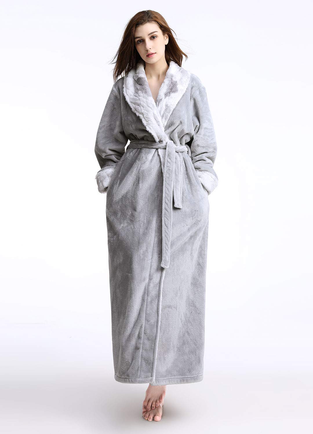 CaiDieNu Mikrofaser Bademantel für Damen Morgenmantel Korallen Vlies Saunamantel, weich und flauschig, mit Schalkragen Gürtel und Taschen