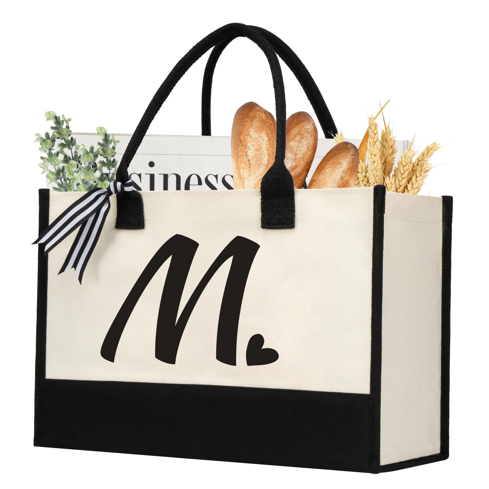 Photo 1 of shenee Initial Canvas Tote Bag, Personalized Beach Jute Bag Present for Women Holiday, Friends Birthday Gift, Beach, Wedding (Letter M)
